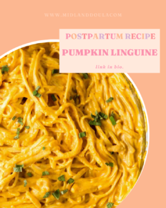 creamy pumpkin linguine, pumpkin pasta recipe, postpartum nourishment, easy pasta recipe, fall comfort food, sage pasta sauce, quick dinner idea, nourishing recipe, postpartum recovery, pasta with pumpkin sauce, comforting fall dish, homemade pasta sauce, simple pumpkin recipe